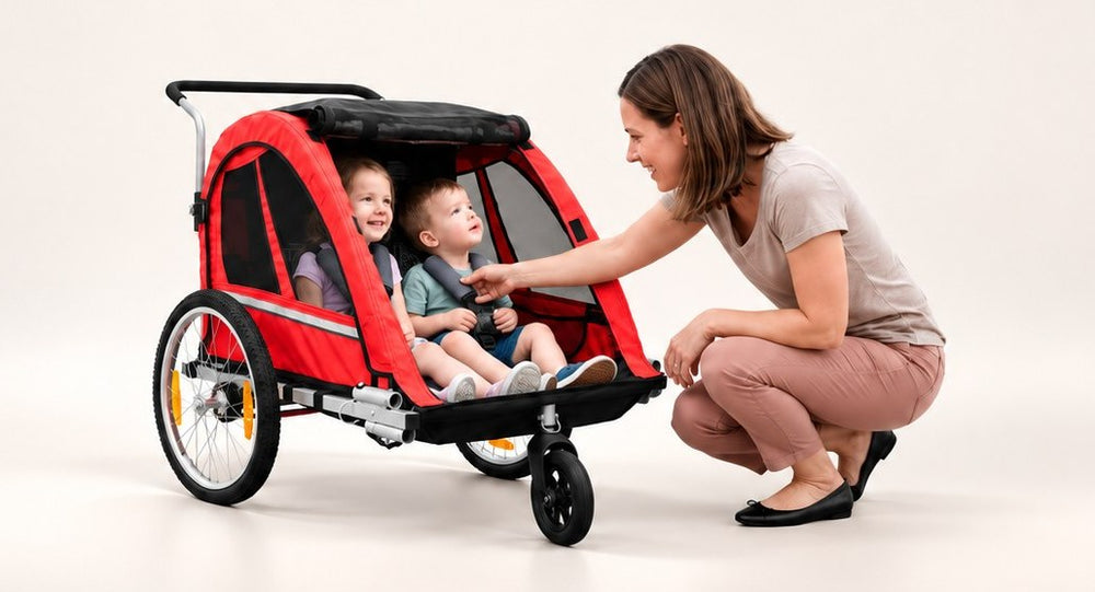 Carrello per bici elettriche da Wheelyshop – carrello rosso con due bambini
