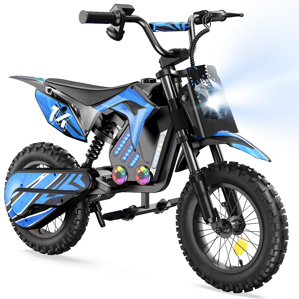 Moto da cross elettrica Wheely A14 vista di tre quarti in colore blu