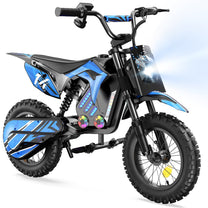 Moto da cross elettrica Wheely A14 vista di tre quarti in colore blu