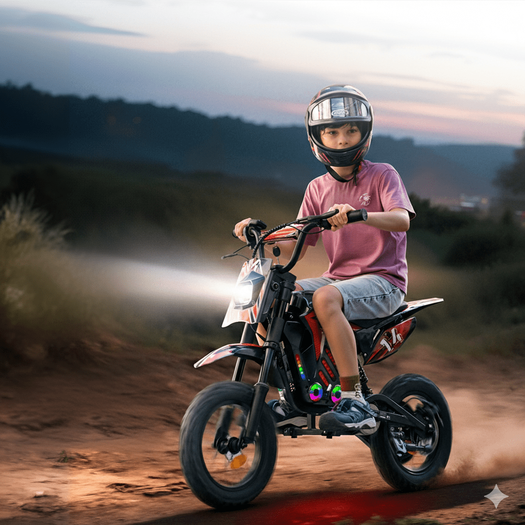 Persona alla guida della moto da cross elettrica Wheely A14 con le luci accese su un vialetto