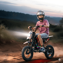 Persona alla guida della moto da cross elettrica Wheely A14 con le luci accese su un vialetto
