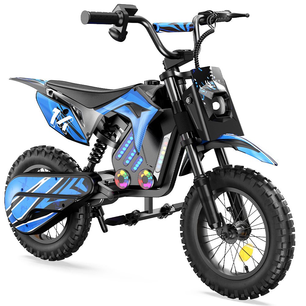 Moto da cross elettrica Wheely A14 vista di tre quarti in colore blu