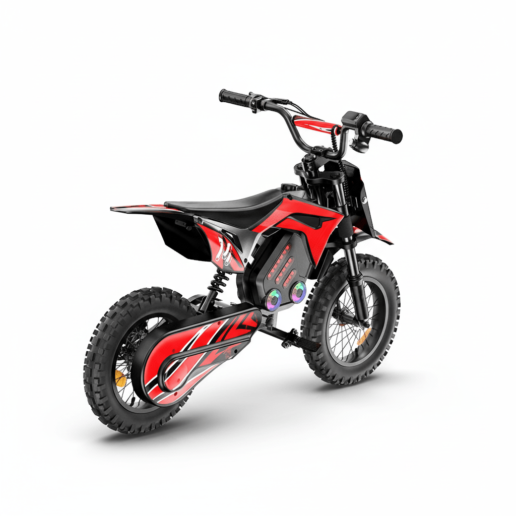 Moto da cross elettrica Wheely A14 vista di tre quarti da dietro in colore rosso