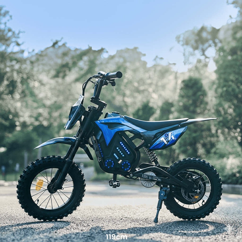 Moto da cross elettrica Wheely A14 vista di tre quarti su strada