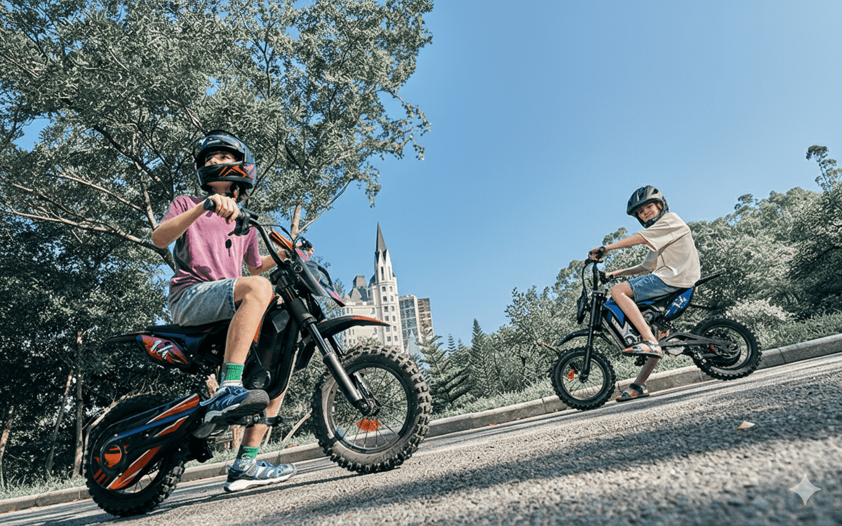 Persona alla guida della moto da cross elettrica Wheely A14 in città in gruppo