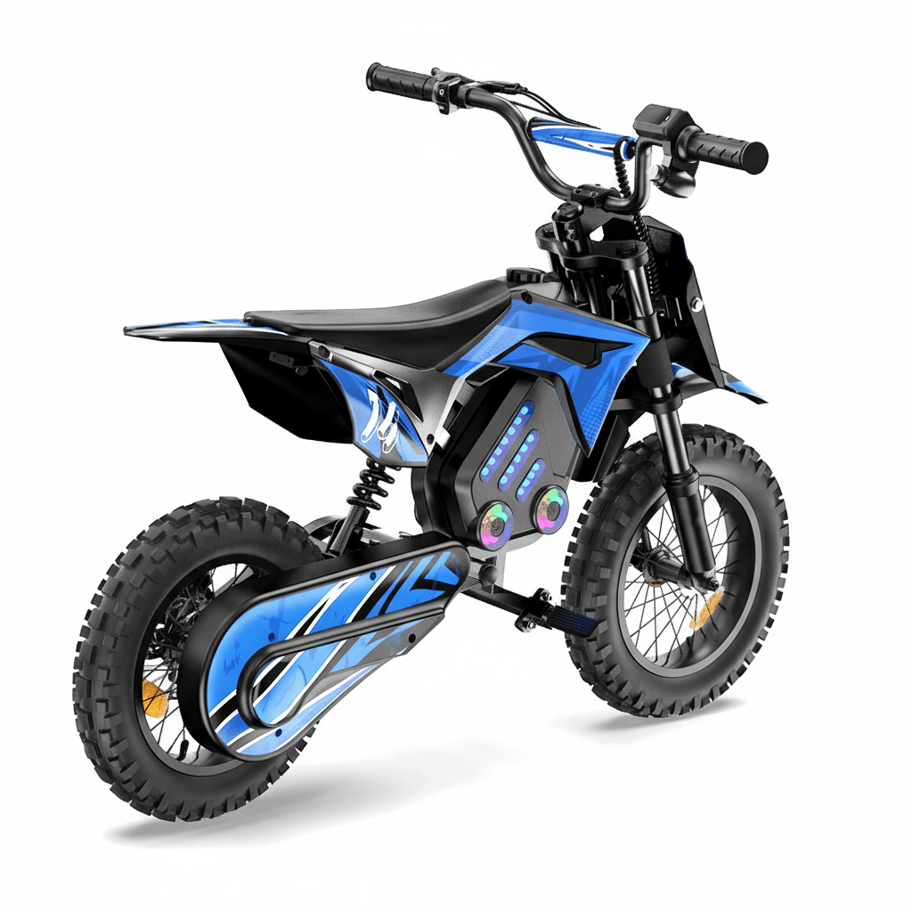Moto da cross elettrica Wheely A14 vista di tre quarti da dietro in colore blu