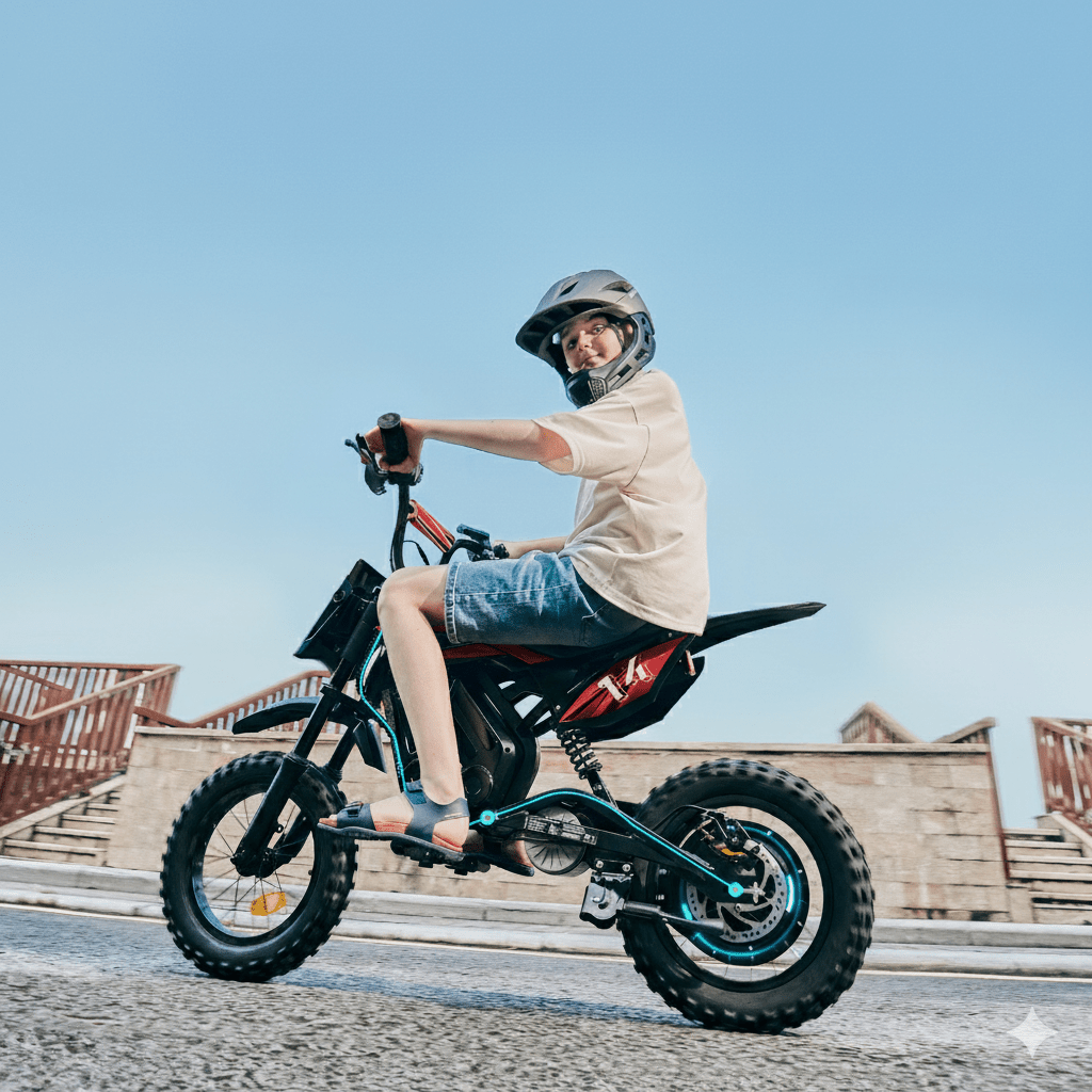 Persona alla guida della moto da cross elettrica Wheely A14 su strada