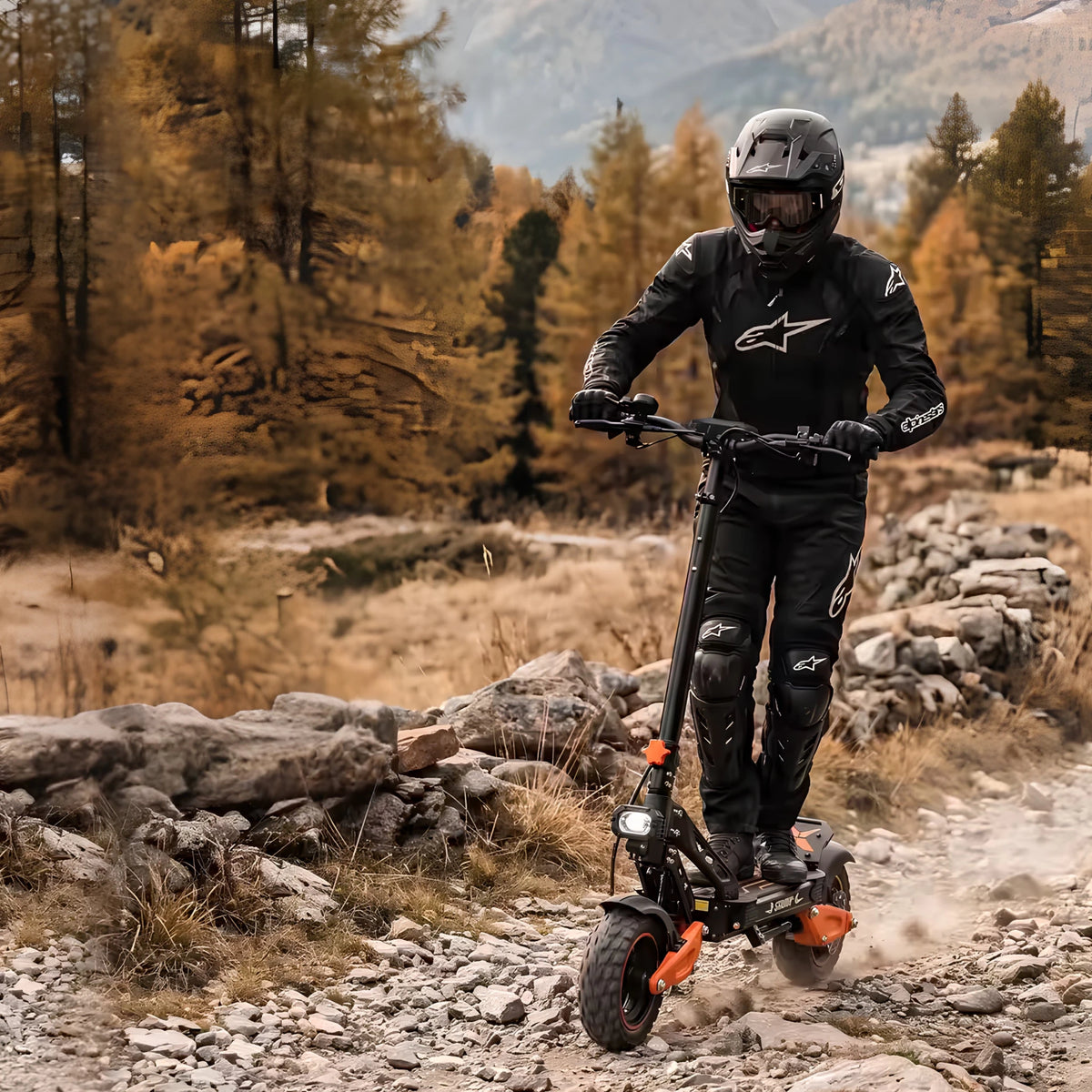 Persona alla guida del monopattino elettrico Wheely ES-X2 Max nel bosco