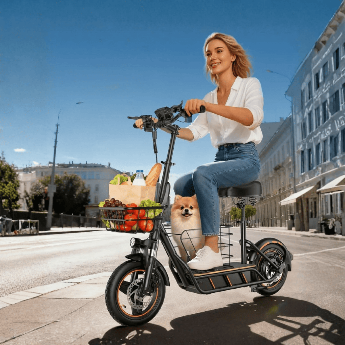 Donna alla guida del monopattino elettrico Wheely H14 in città