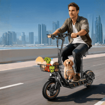 Uomo alla guida del monopattino elettrico Wheely H14 con un cane