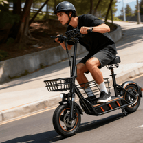 Uomo alla guida del monopattino elettrico Wheely H14 su strada