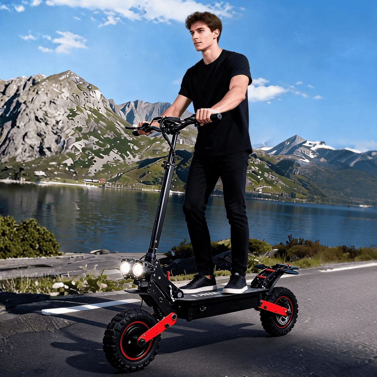Uomo alla guida del monopattino elettrico Wheely H6 in riva a un lago