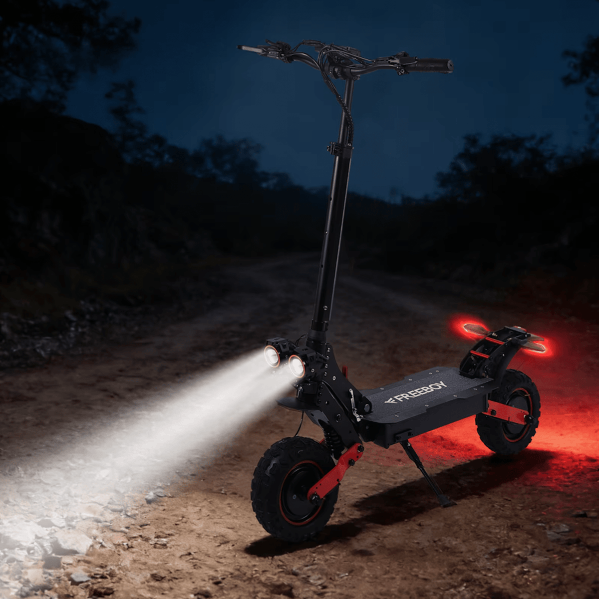 Monopattino elettrico Wheely H6 con le luci accese in un ambiente serale