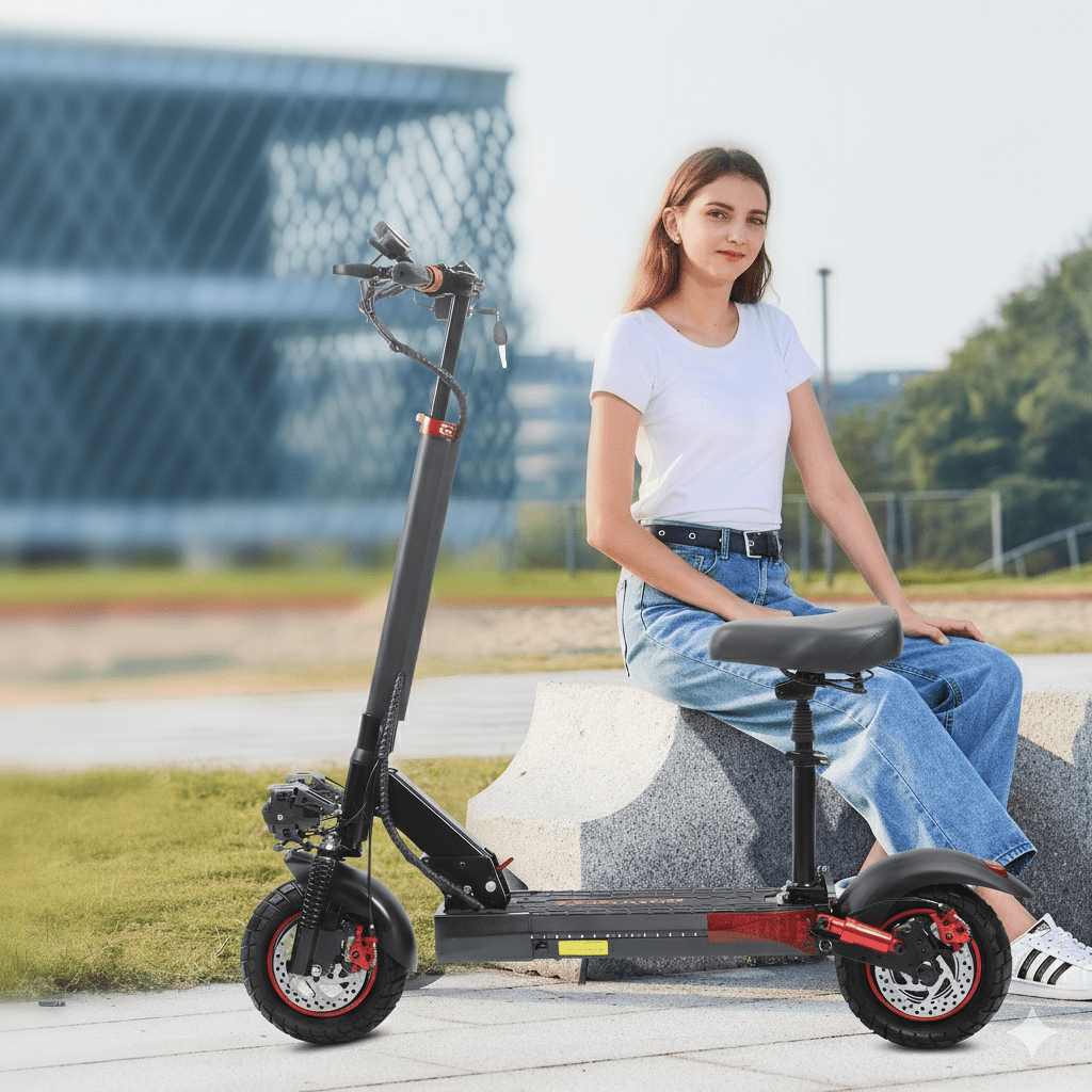 Donna in sella al monopattino elettrico Wheely J01