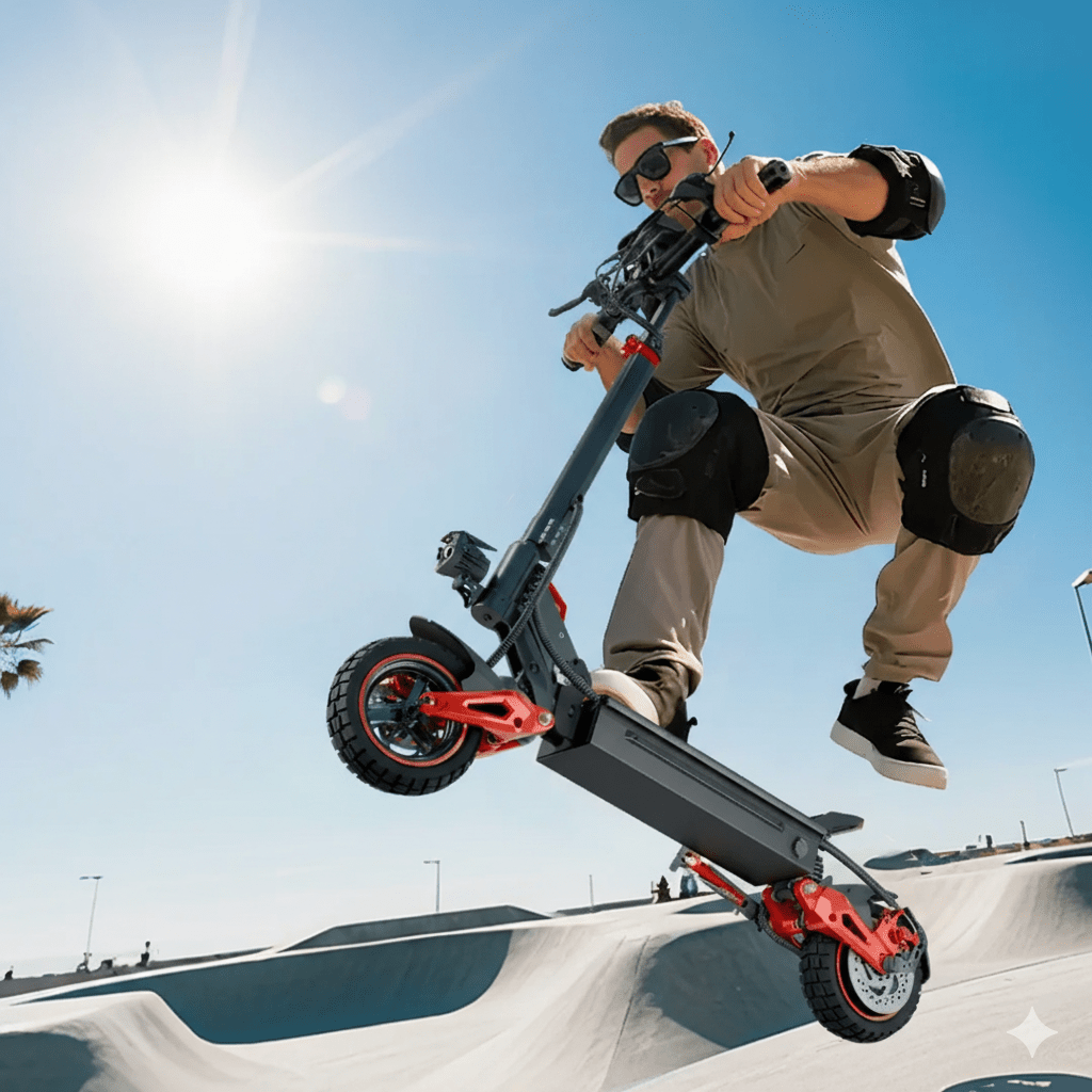 Pilota che salta con il monopattino elettrico Wheely J15 Max