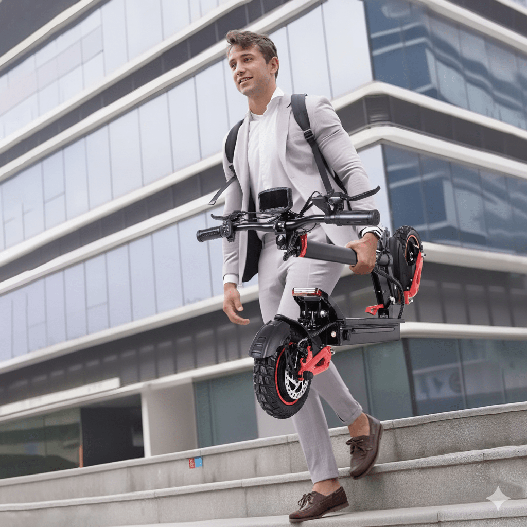 Uomo alla guida del monopattino elettrico Wheely J15 Max in città
