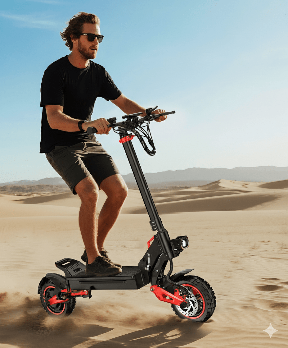Uomo alla guida del monopattino elettrico Wheely J15 Max su terreno sabbioso