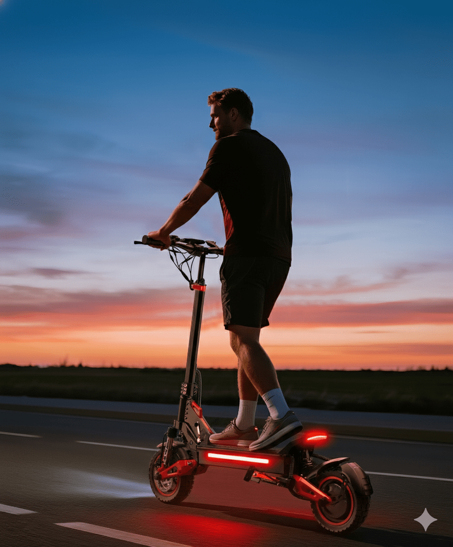 Uomo alla guida del monopattino elettrico Wheely J15 Max al tramonto
