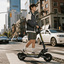 Uomo alla guida del monopattino elettrico Wheely J2 Max in città