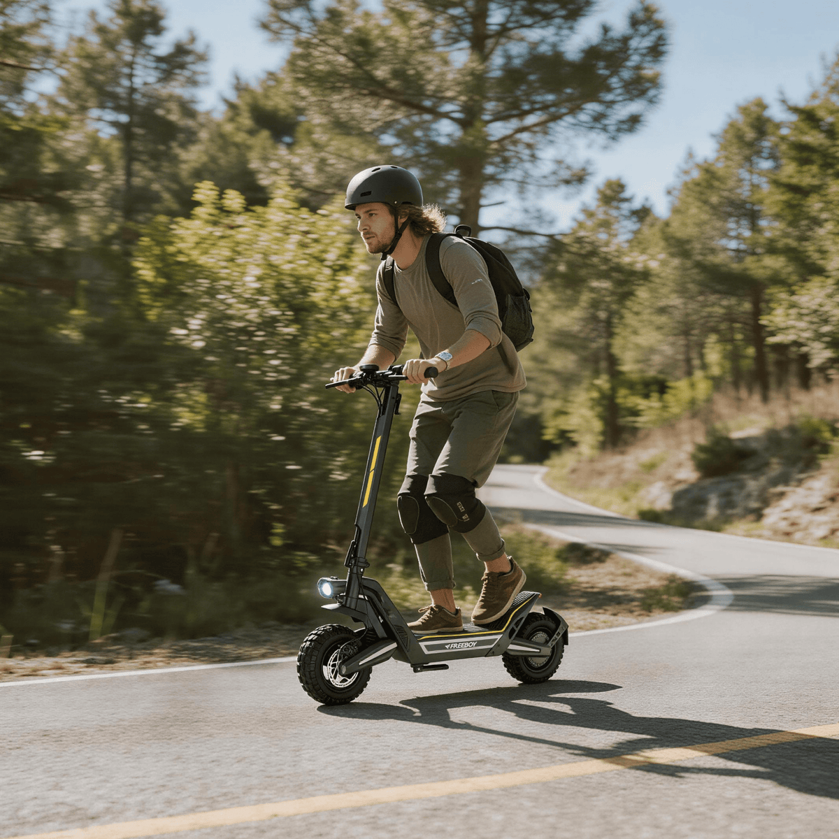 Uomo alla guida del monopattino elettrico Wheely J2 Max su strada