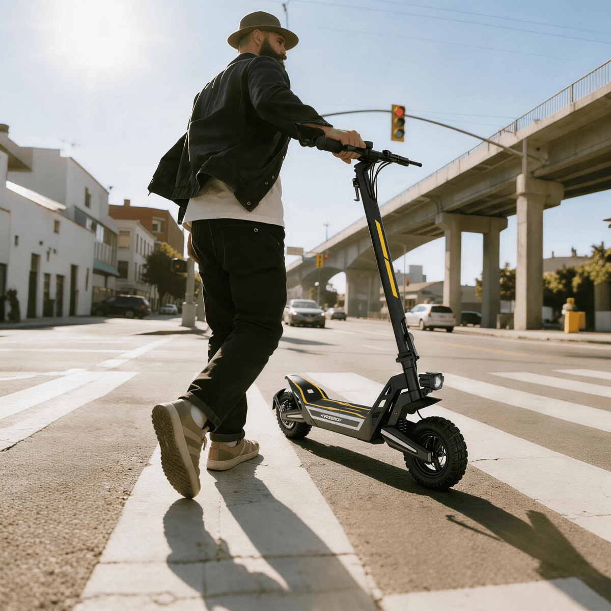Uomo in piedi con il monopattino elettrico Wheely J2 Max in città