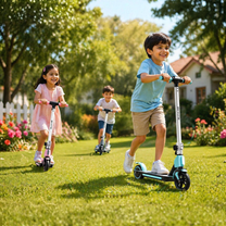 Bambino in sella al monopattino elettrico per bambini Wheely Junior S2 in un giardino