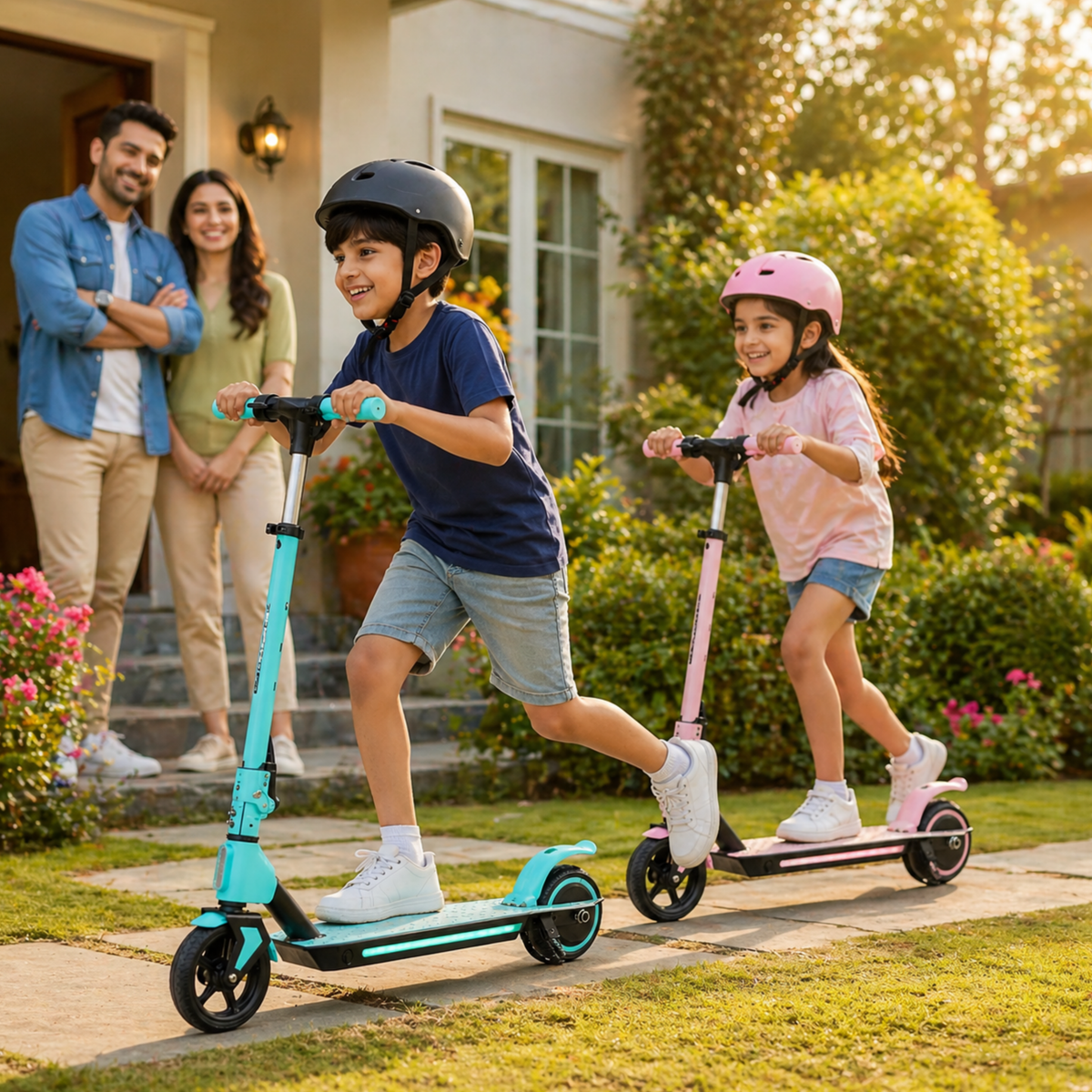 Bambino in sella al monopattino elettrico per bambini Wheely Junior S2 Pro in un giardino
