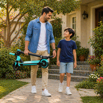 Famiglia che passeggia con il monopattino elettrico per bambini Wheely Junior S2 Pro