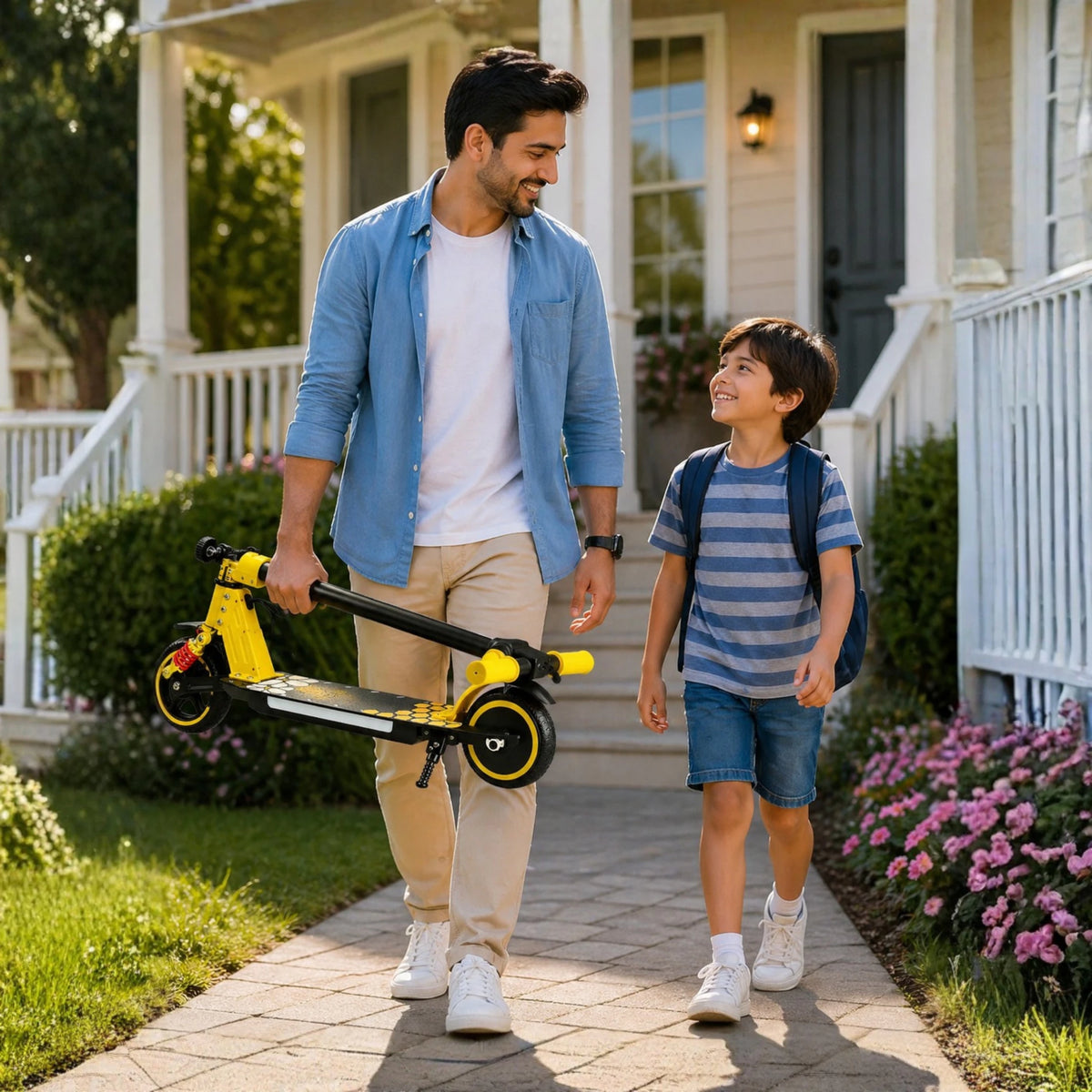 Famiglia che passeggia con il monopattino elettrico per bambini Wheely Junior S5