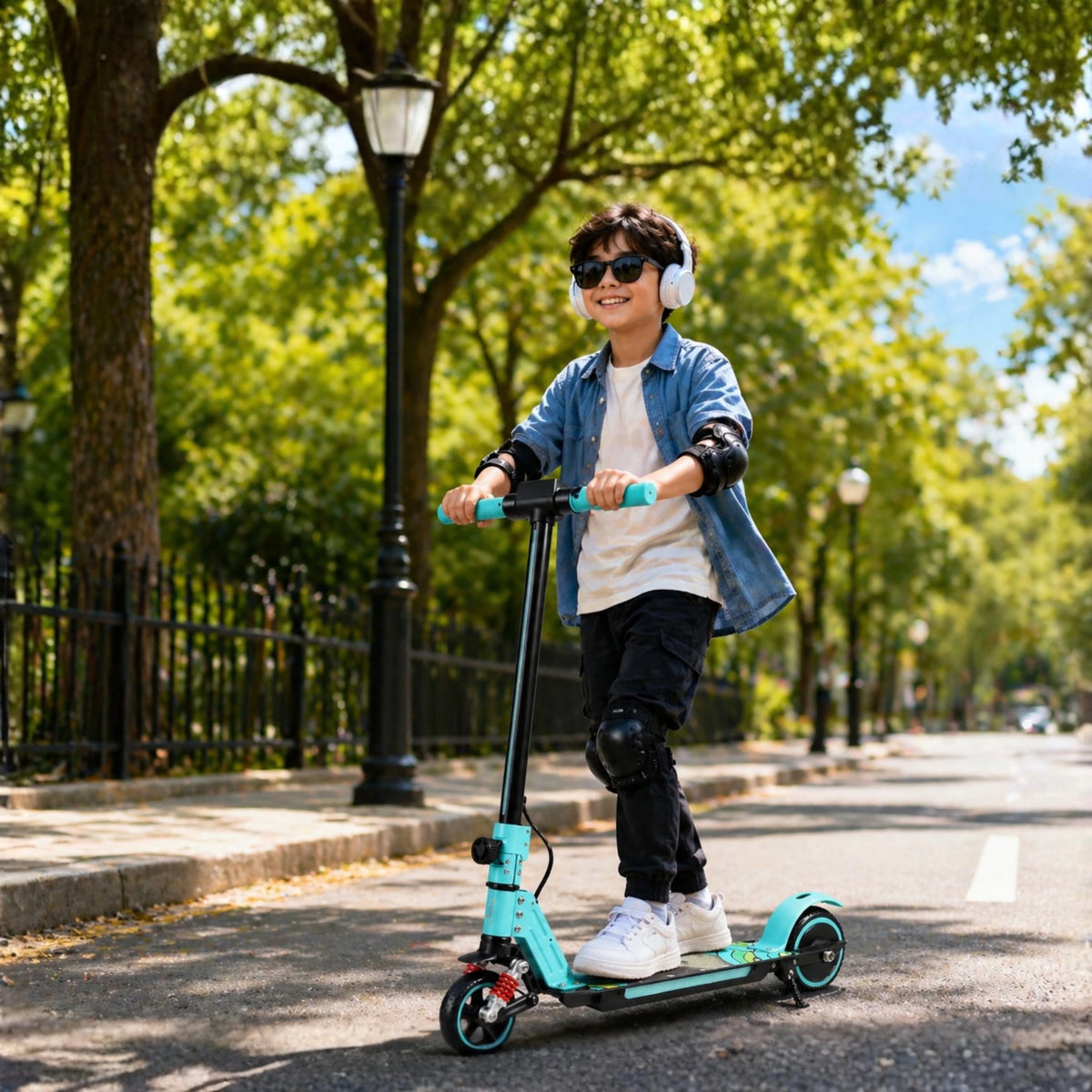 Bambino in sella al monopattino elettrico per bambini Wheely Junior S5 in un parco