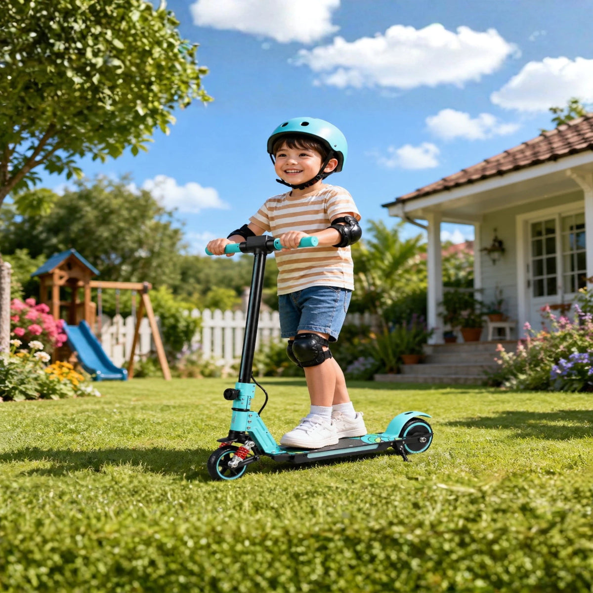 Bambino in sella al monopattino elettrico per bambini Wheely Junior S5 in un giardino