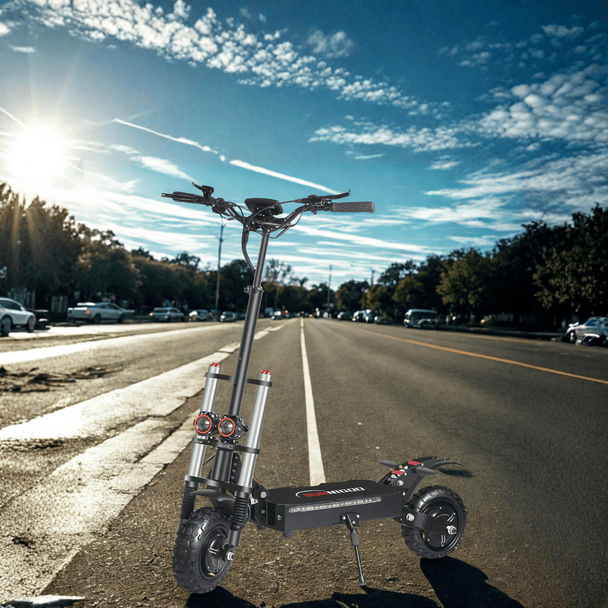 Monopattino elettrico Wheely X10 visto di tre quarti su strada