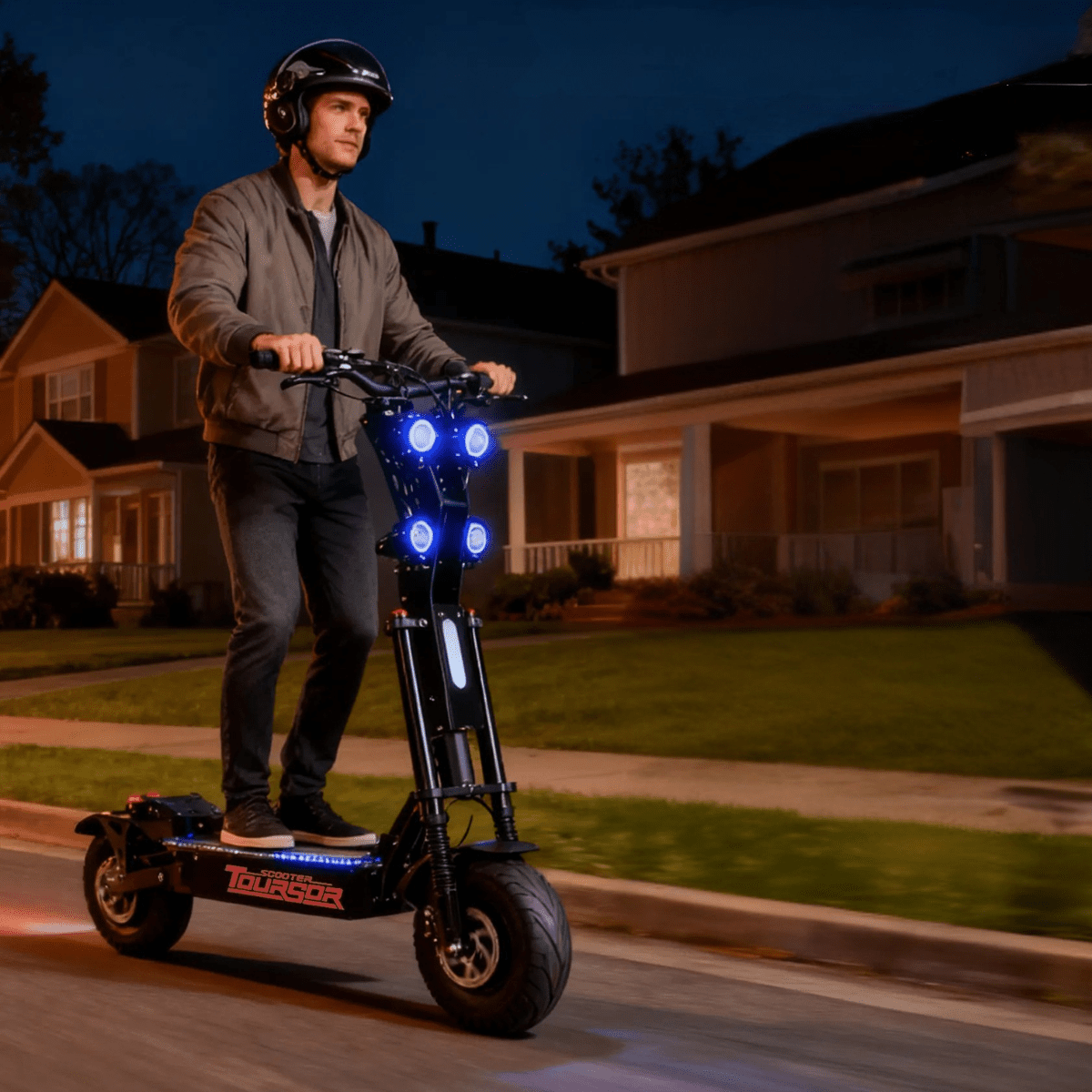 Uomo alla guida del monopattino elettrico Wheely X13 in un ambiente serale