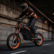 Persona alla guida della moto da cross elettrica Wheely Y01 su sfondo scuro