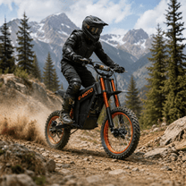 Persona alla guida della moto da cross elettrica Wheely Y01 nel bosco