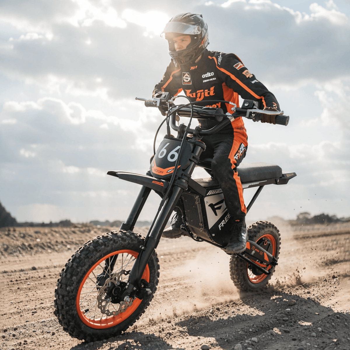 Persona alla guida della moto da cross elettrica Wheely Y66 su un vialetto