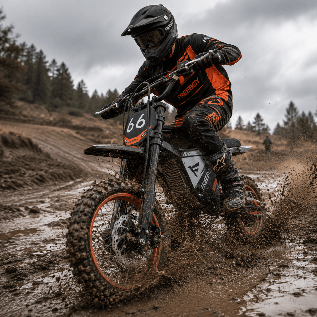 Persona alla guida della moto da cross elettrica Wheely Y66 su un vialetto