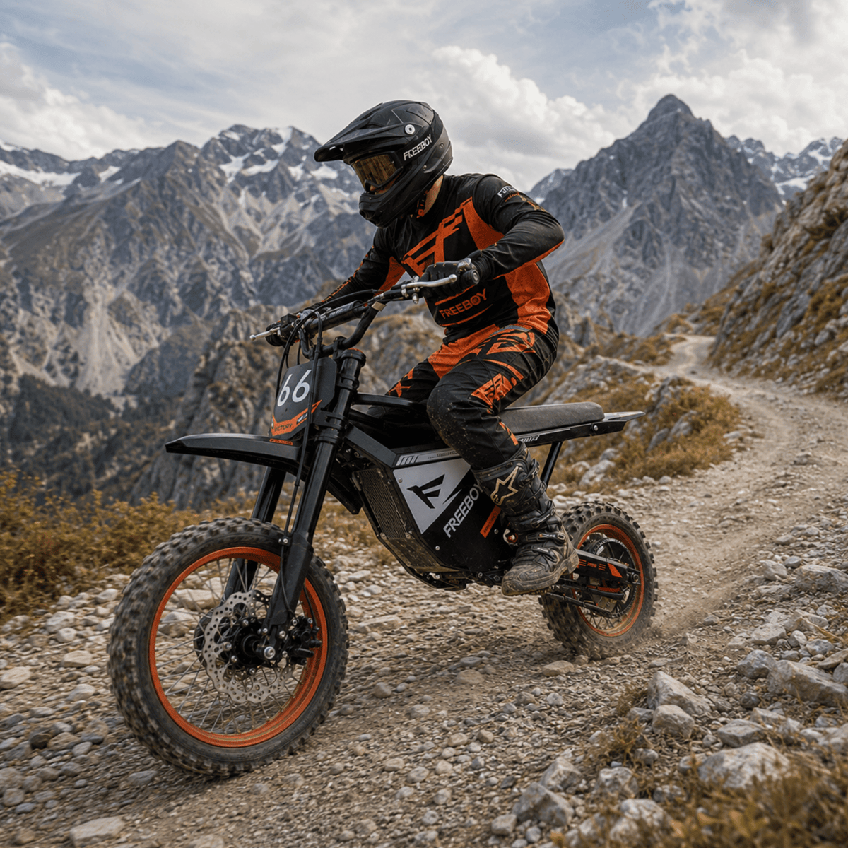 Persona alla guida della moto da cross elettrica Wheely Y66 su un vialetto