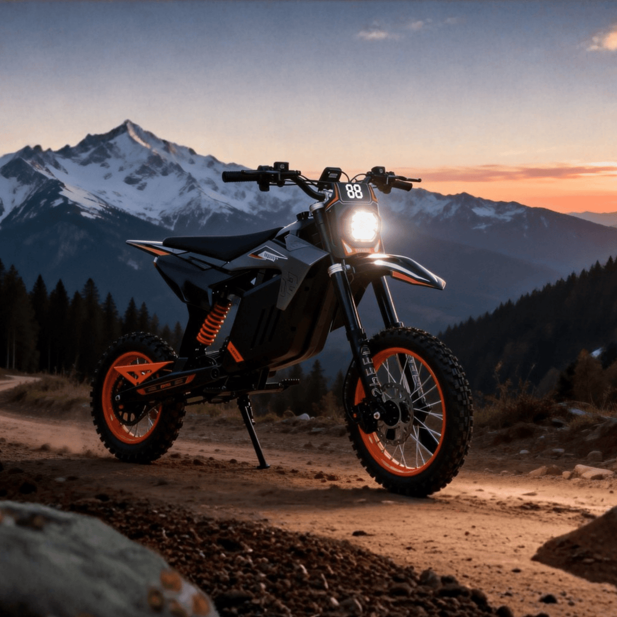 Moto da cross elettrica Wheely Y88 vista di tre quarti su sfondo scuro