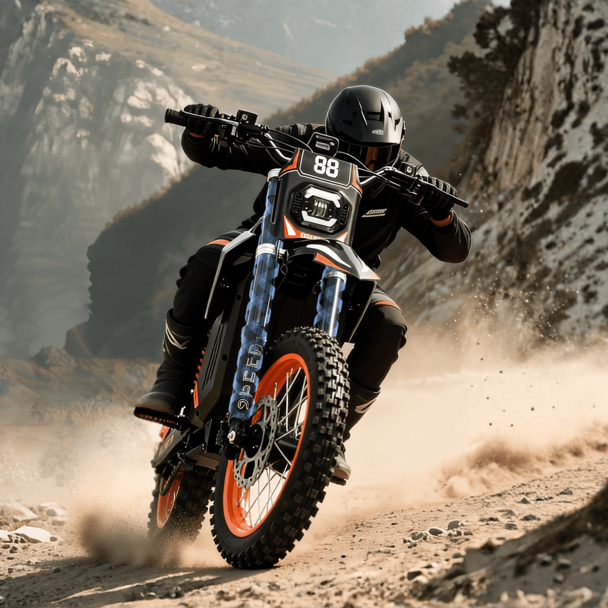 Pilota con la moto da cross elettrica Wheely Y88 in fuoristrada