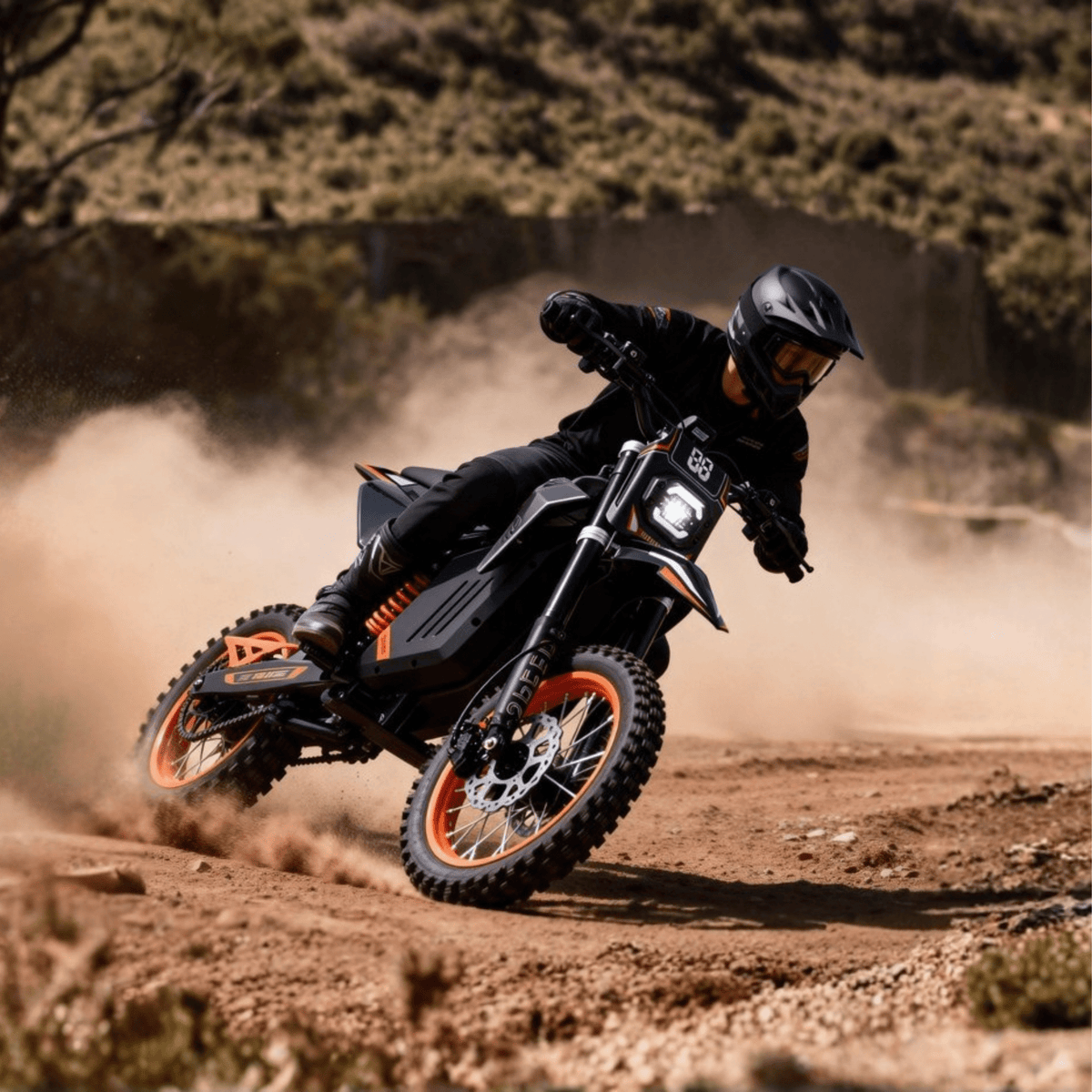 Persona alla guida della moto da cross elettrica Wheely Y88 su terreno sabbioso