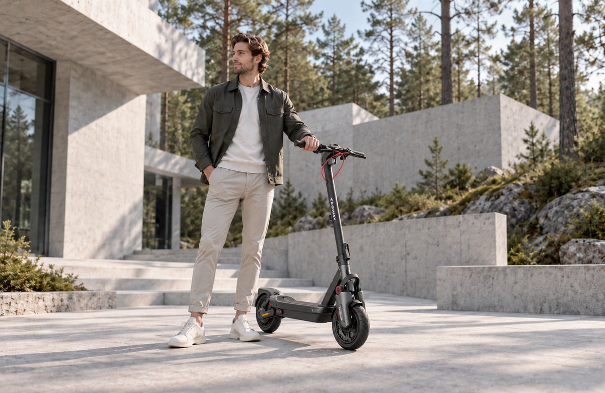 Wheelyshop – mobilità attenta al clima: un uomo con un monopattino elettrico tra i pini davanti a una casa moderna in cemento