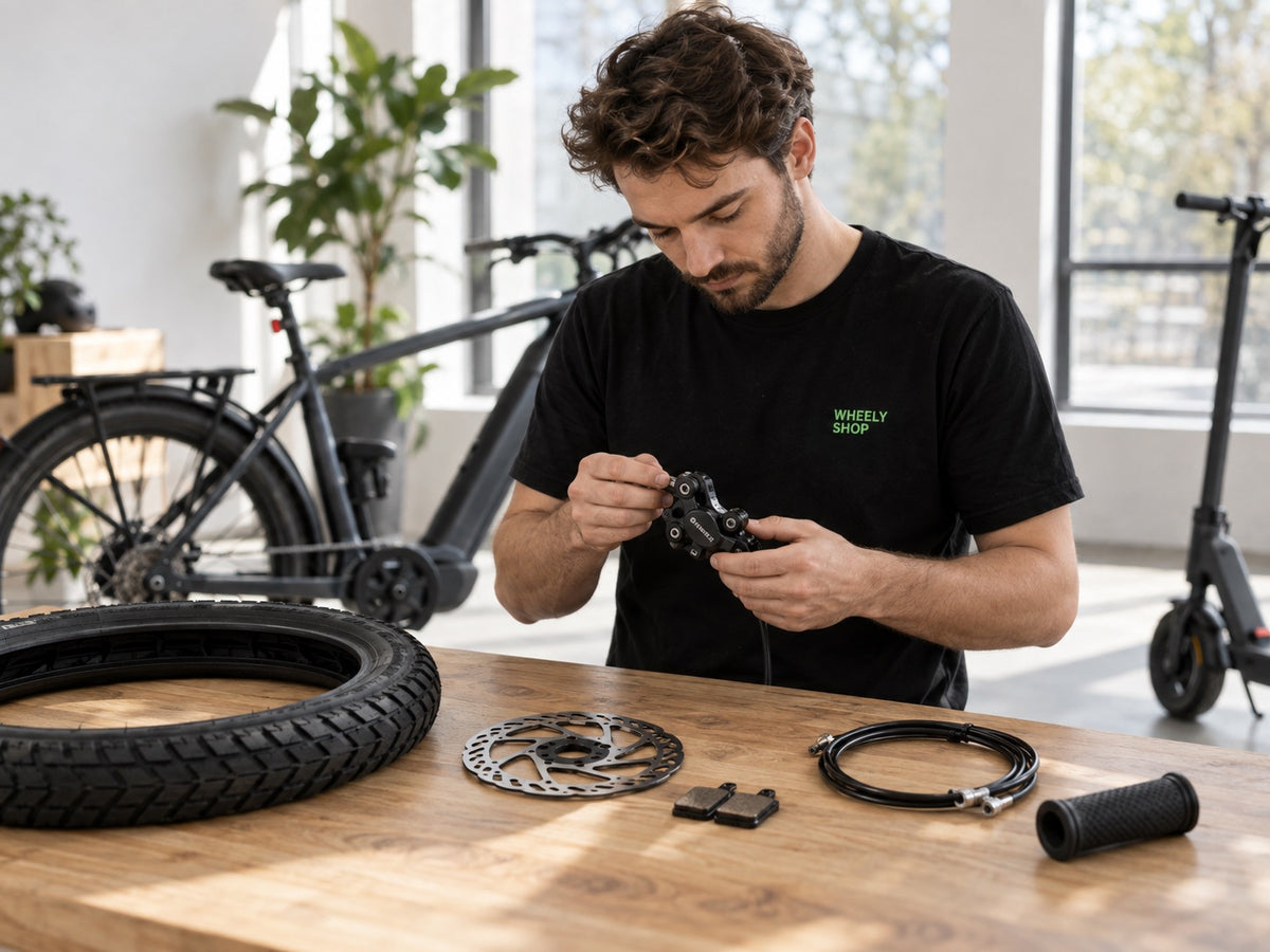 Tecnico Wheelyshop che monta una pinza freno sul banco di lavoro con pneumatico, disco, pastiglie e cavi – ricambi per bici e monopattini elettrici