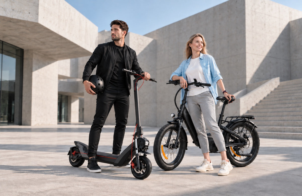 La visione di Wheelyshop – il futuro è elettrico: un uomo con un monopattino elettrico e una donna con una bicicletta elettrica davanti a un edificio moderno