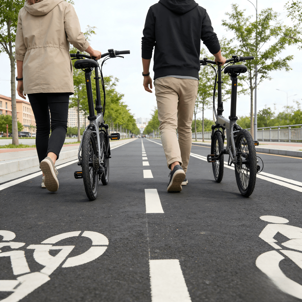 Due persone con la bici elettrica pieghevole YANGOR H19 in colore grigio su un vialetto