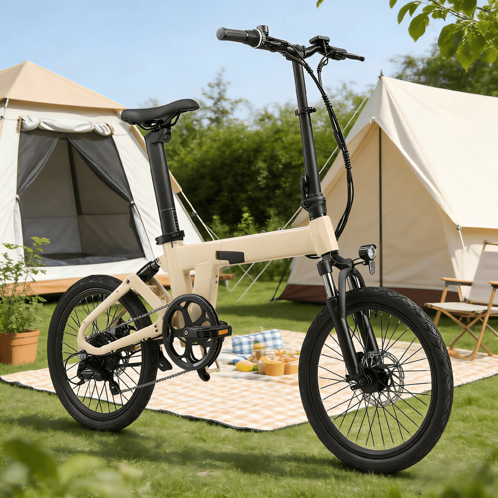 Bici elettrica pieghevole YANGOR H19 vista di lato in colore beige su un prato