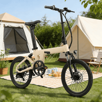 Bici elettrica pieghevole YANGOR H19 vista di lato in colore beige su un prato