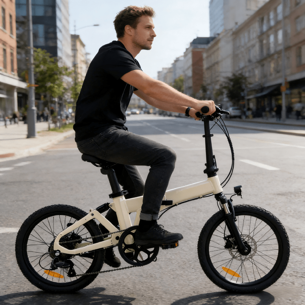 Uomo alla guida della bici elettrica pieghevole YANGOR H19 in vista laterale in colore beige in città