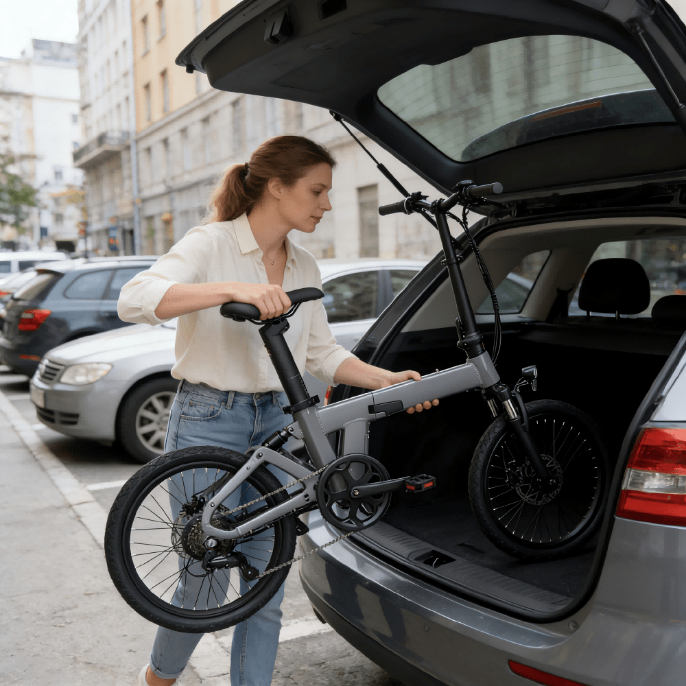 Donna in piedi con la bici elettrica pieghevole YANGOR H19 in colore grigio