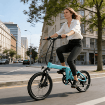 Donna alla guida della bici elettrica pieghevole YANGOR H19 di fronte in città in colore azzurro